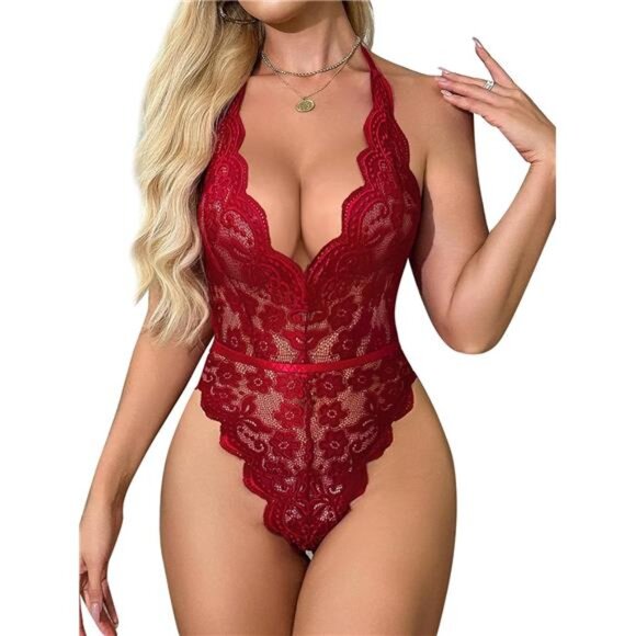 Sexy Lingerie for Women, Deep V-Neck Lace Bodysuit Red - Picture 1 of 5